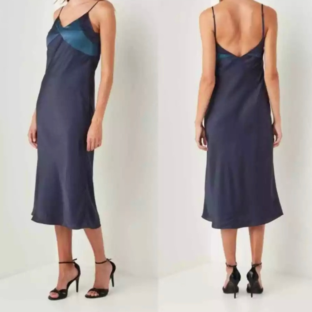 Ba&sh navy blue satin crew slip midi dress size m worn once